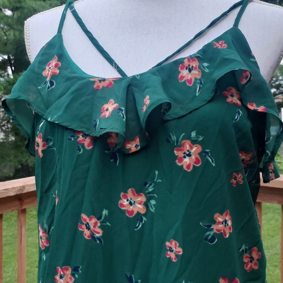 Japan green orange red flower ruffle tank top L - Picture 2 of 6